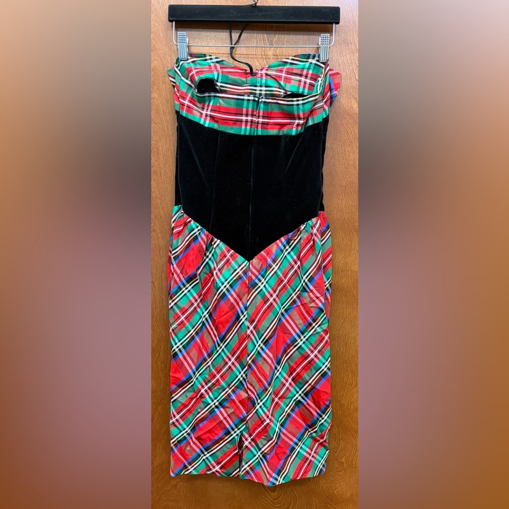 Vintage Leslie Lucks Holiday Tartan Plaid Bow Velvet Drop Waist Strapless Dress - Picture 9 of 14